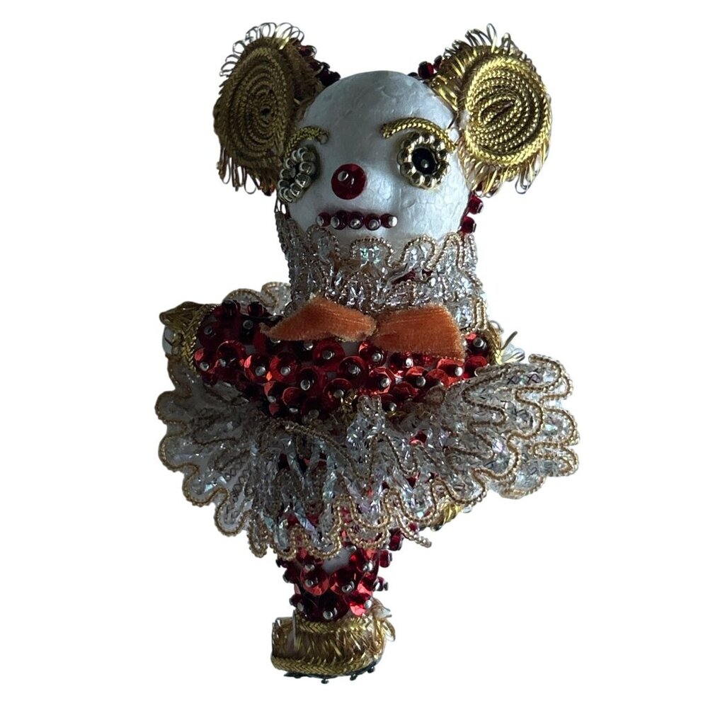 Vintage Ornate Handcrafted Clown Ornament With Red Sequins & Gold Beads